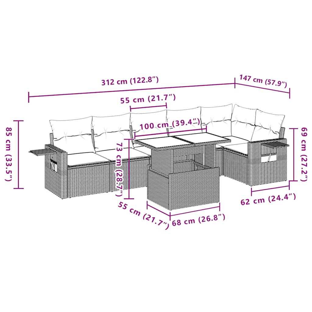 7-dijelni set vrtnih sofa od poliratana s jastucima crni Crna 100 x 55 x 73 cm