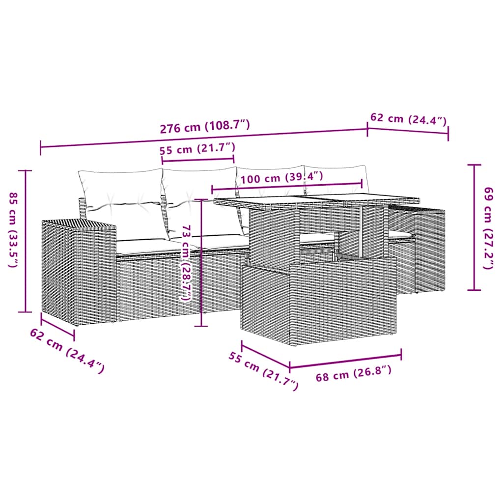 5-dijelna vrtna garnitura od poliratana s jastucima crna 100 x 55 x 73 cm