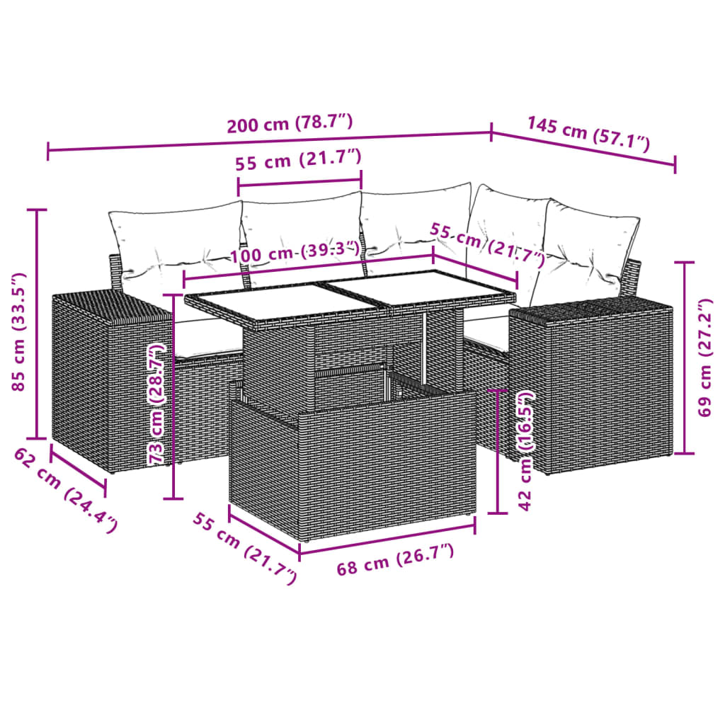 5-dijelna vrtna garnitura od poliratana s jastucima crna 100 x 55 x 73 cm