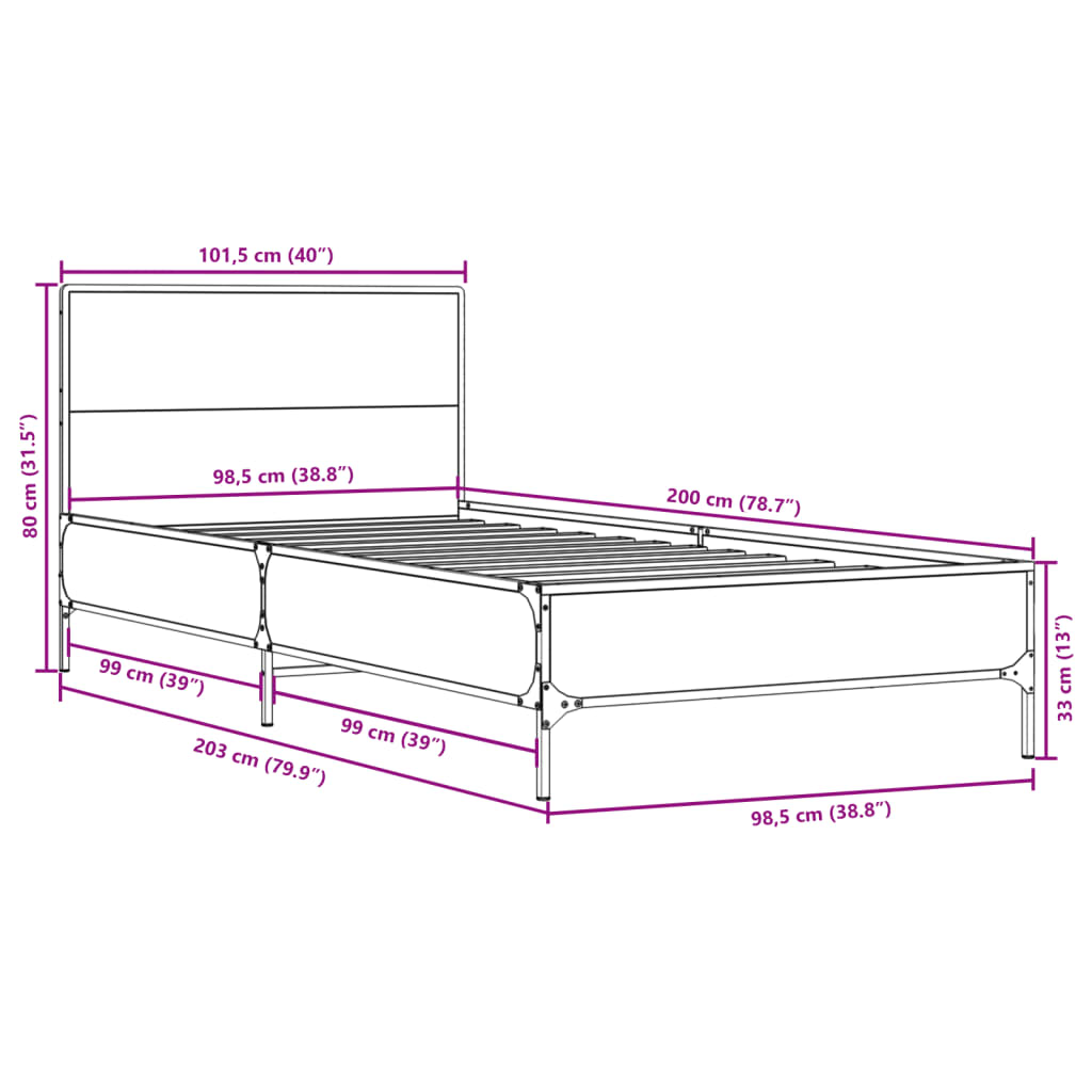 Okvir za krevet boja hrasta 100x200cm konstruirano drvo i metal Smeđa 100 x 200 cm