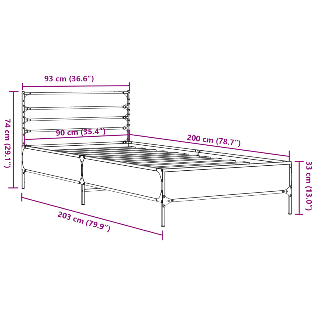 Okvir za krevet boja hrasta 90x200 cm konstruirano drvo i metal Siva 90 x 200 cm