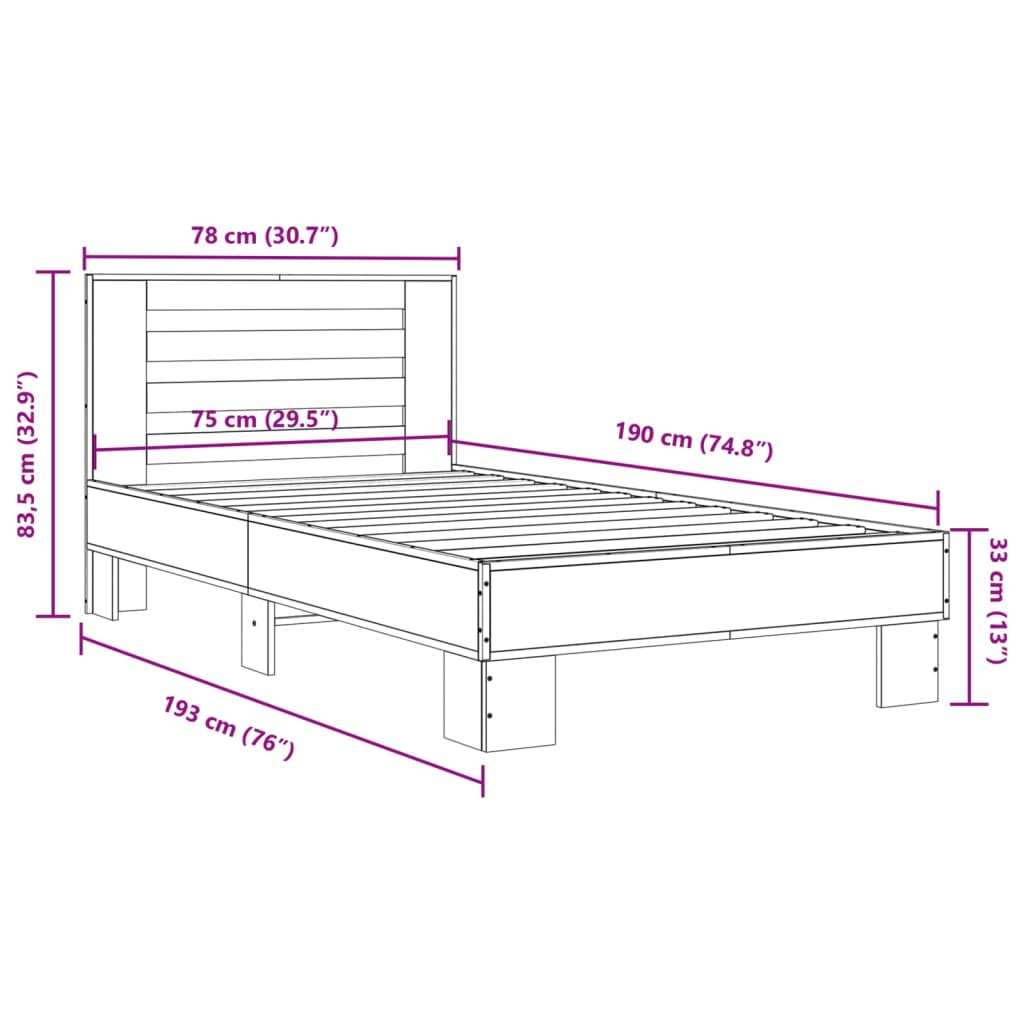 Okvir za krevet boja hrasta 75x190 cm konstruirano drvo i metal Siva 75 x 190 cm