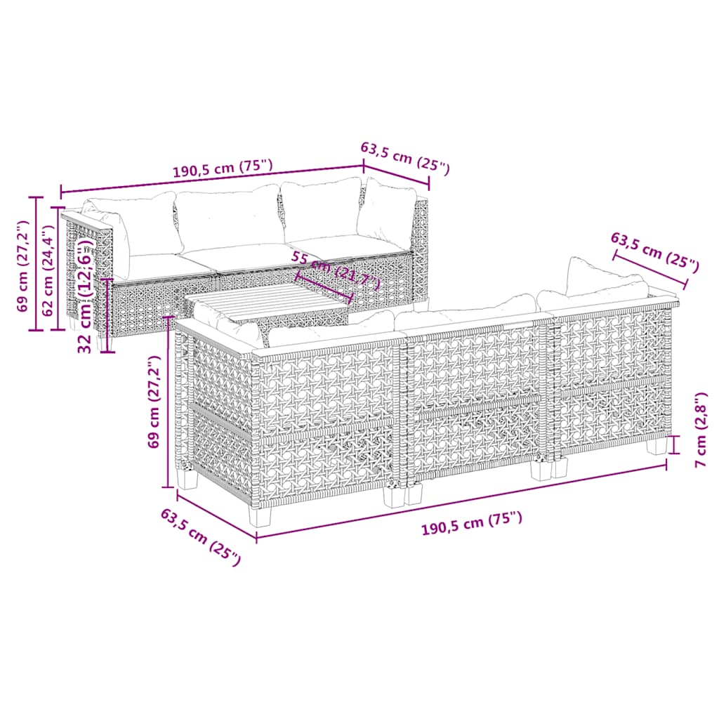 7-dijelni set vrtnih sofa od poliratana s jastucima bež 55 x 55 x 36 cm