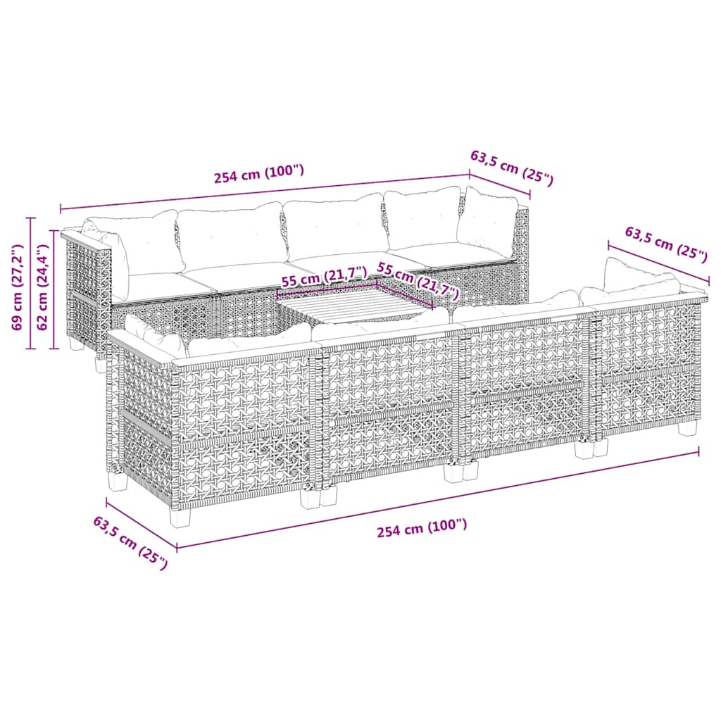 9-dijelni set vrtnih sofa s jastucima bež od poliratana 55 x 55 x 36 cm