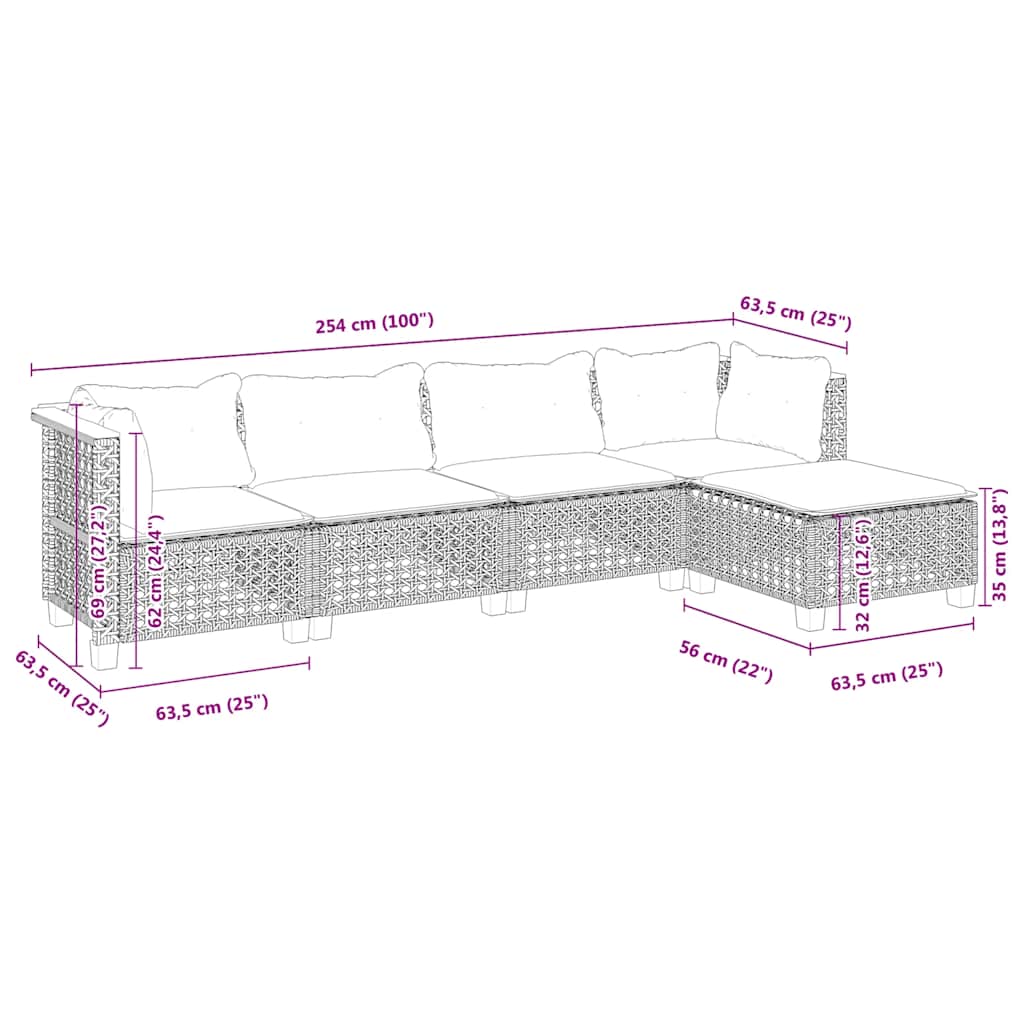 5-dijelni vrtni set sofa s jastucima bež od poliratana 63.5 x 63.5 x 62 cm