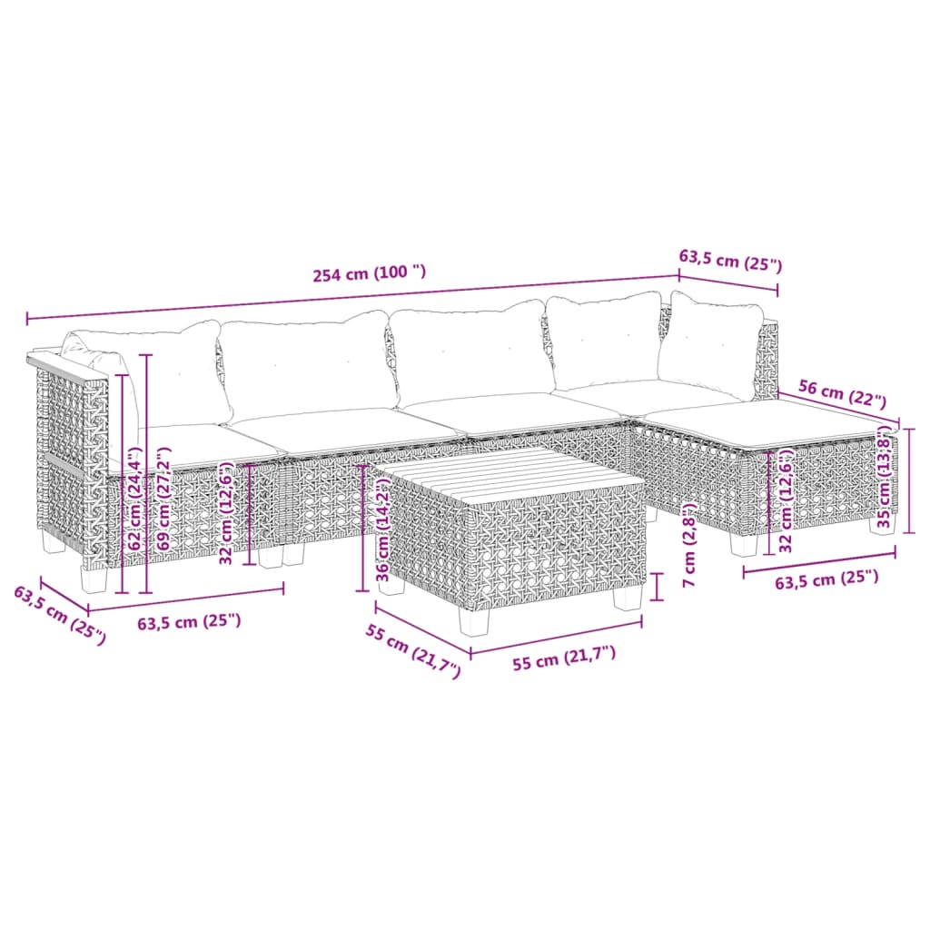6-dijelni set vrtnih sofa s jastucima crni od poliratana Crna 55 x 55 x 36 cm