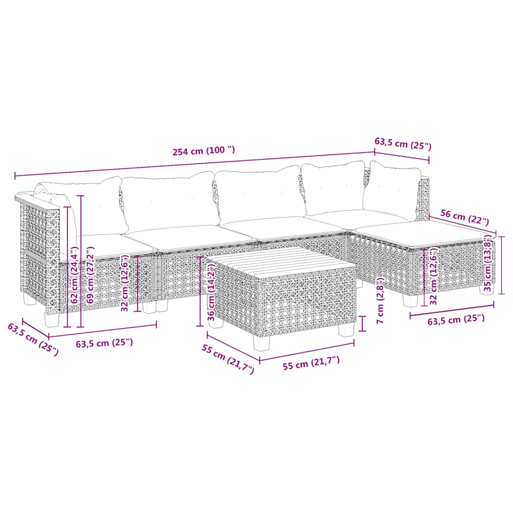 6-dijelni set vrtnih sofa s jastucima bež od poliratana 55 x 55 x 36 cm