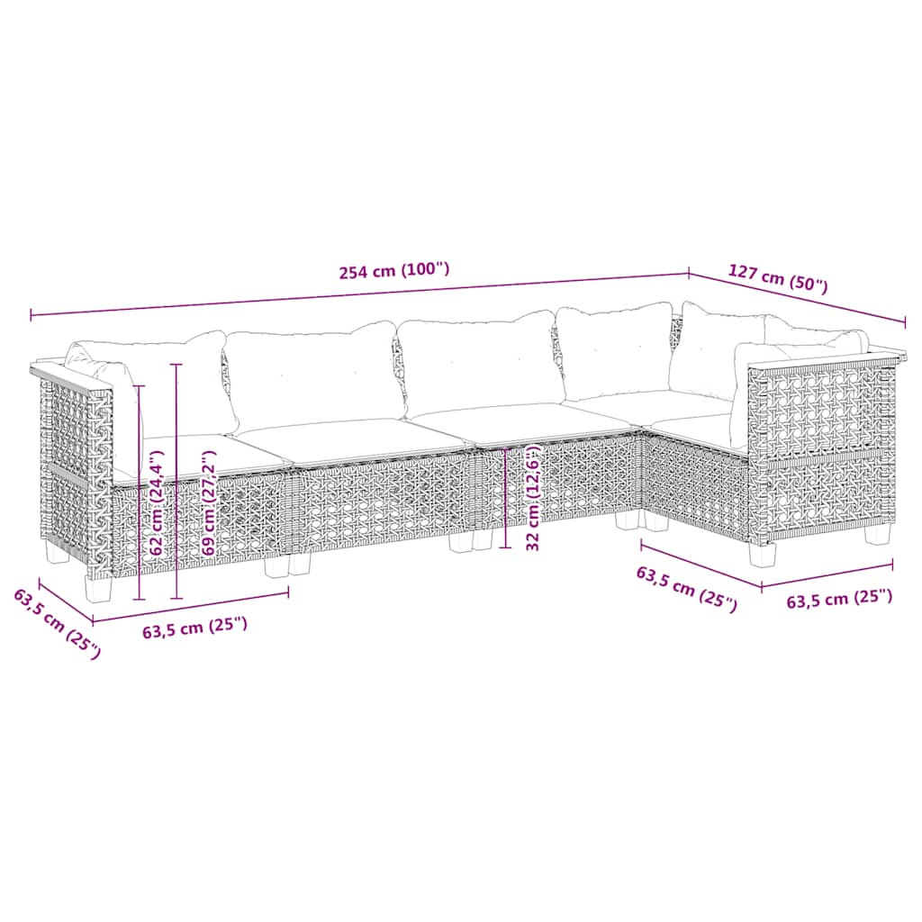 5-dijelni vrtni set sofa s jastucima bež od poliratana 63.5 x 63.5 x 62 cm