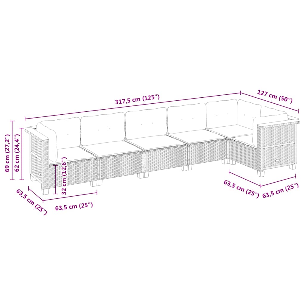 6-dijelni set vrtnih sofa s jastucima crni od poliratana Crna 63.5 x 63.5 x 62 cm