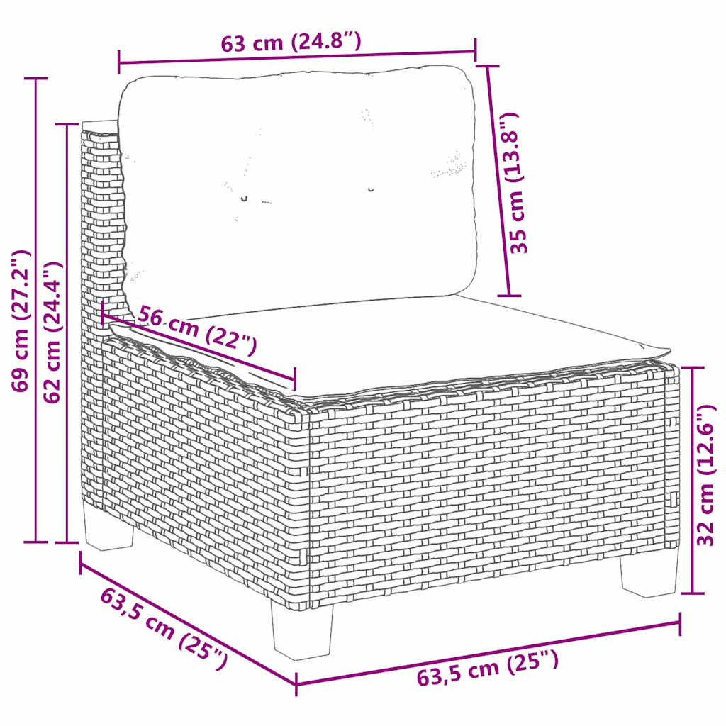 6-dijelni set vrtnih sofa s jastucima crni od poliratana Crna 63.5 x 63.5 x 62 cm