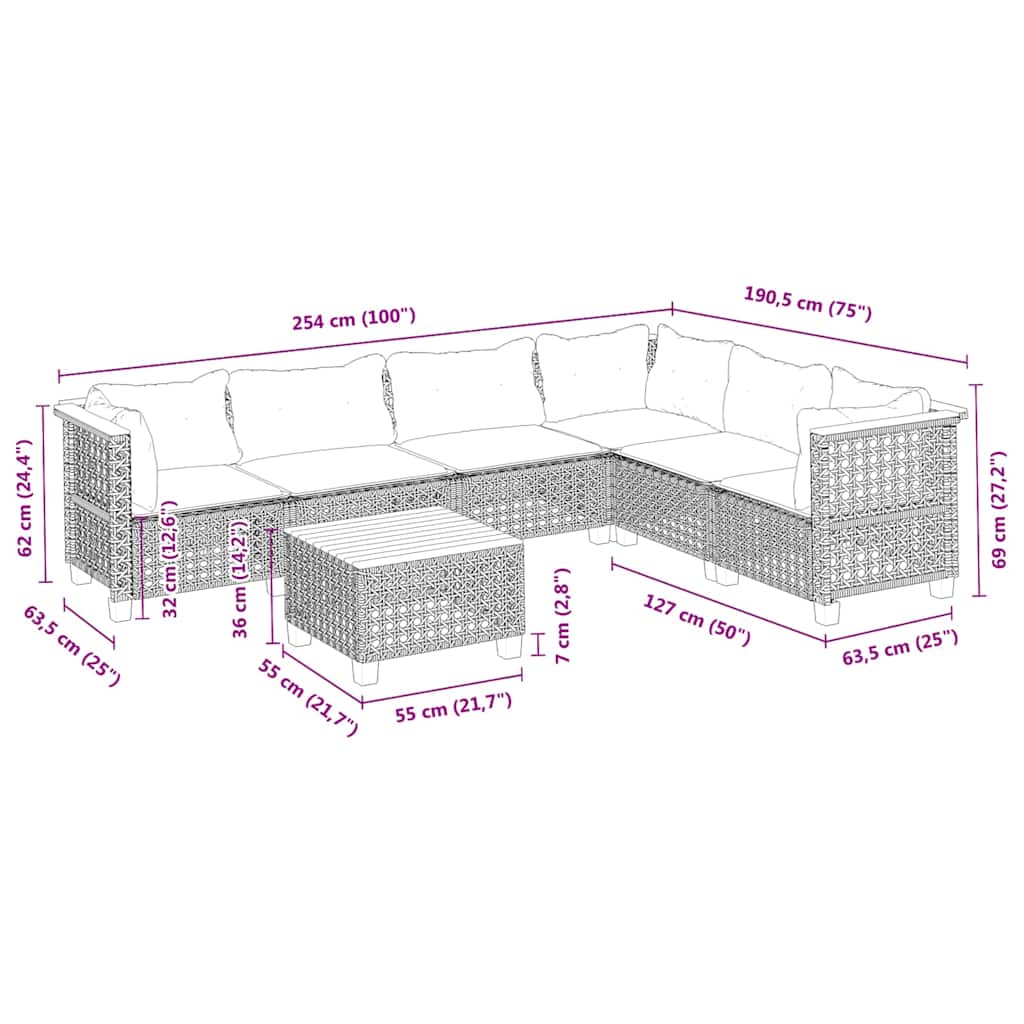 7-dijelni set vrtnih sofa od poliratana s jastucima bež 254 x 190.5 x 69 cm
