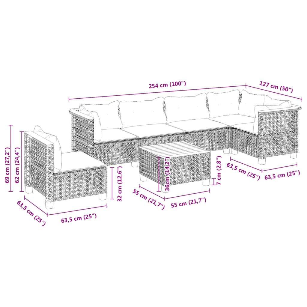 7-dijelni set vrtnih sofa od poliratana s jastucima crni Crna 55 x 55 x 36 cm