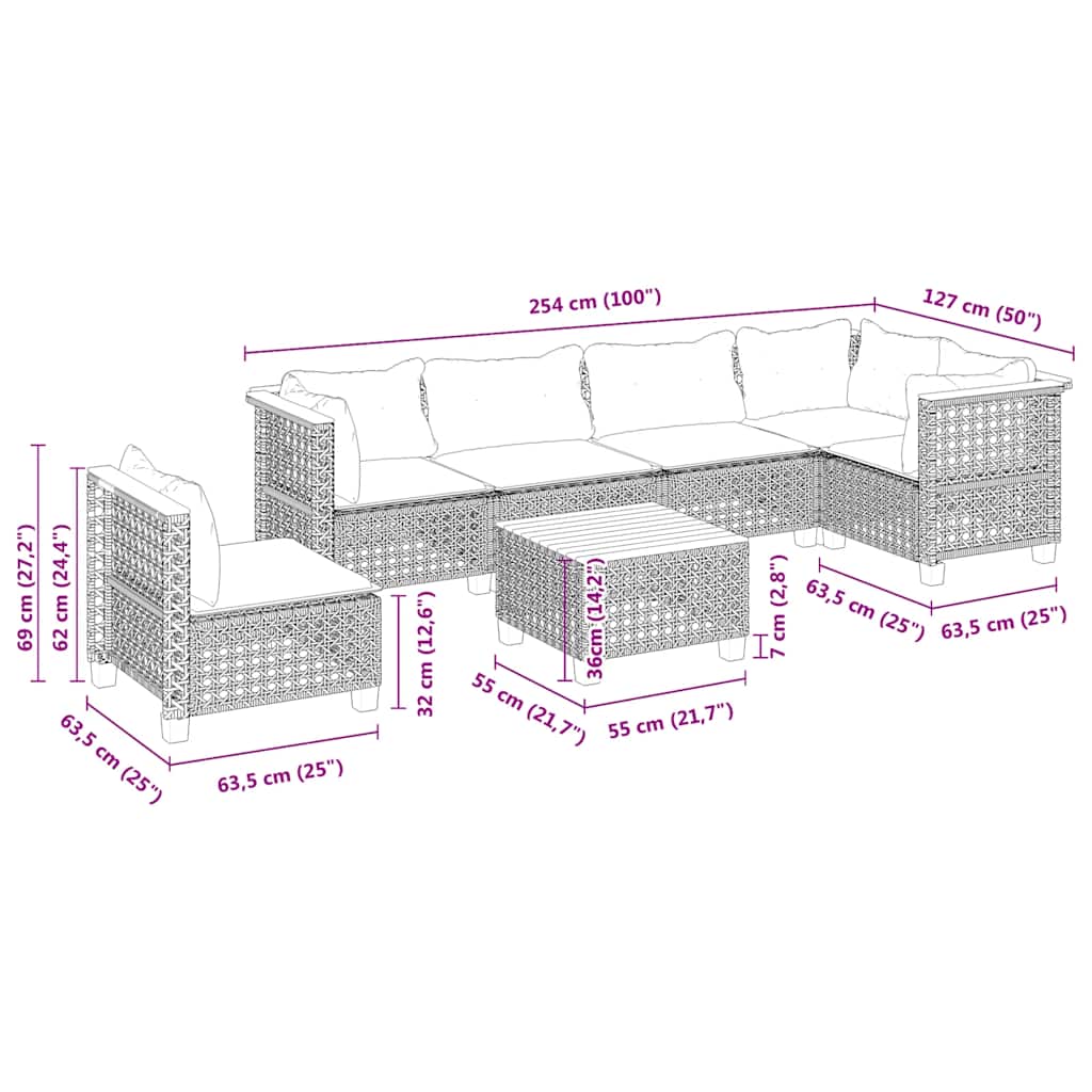 7-dijelni set vrtnih sofa od poliratana s jastucima bež 55 x 55 x 36 cm