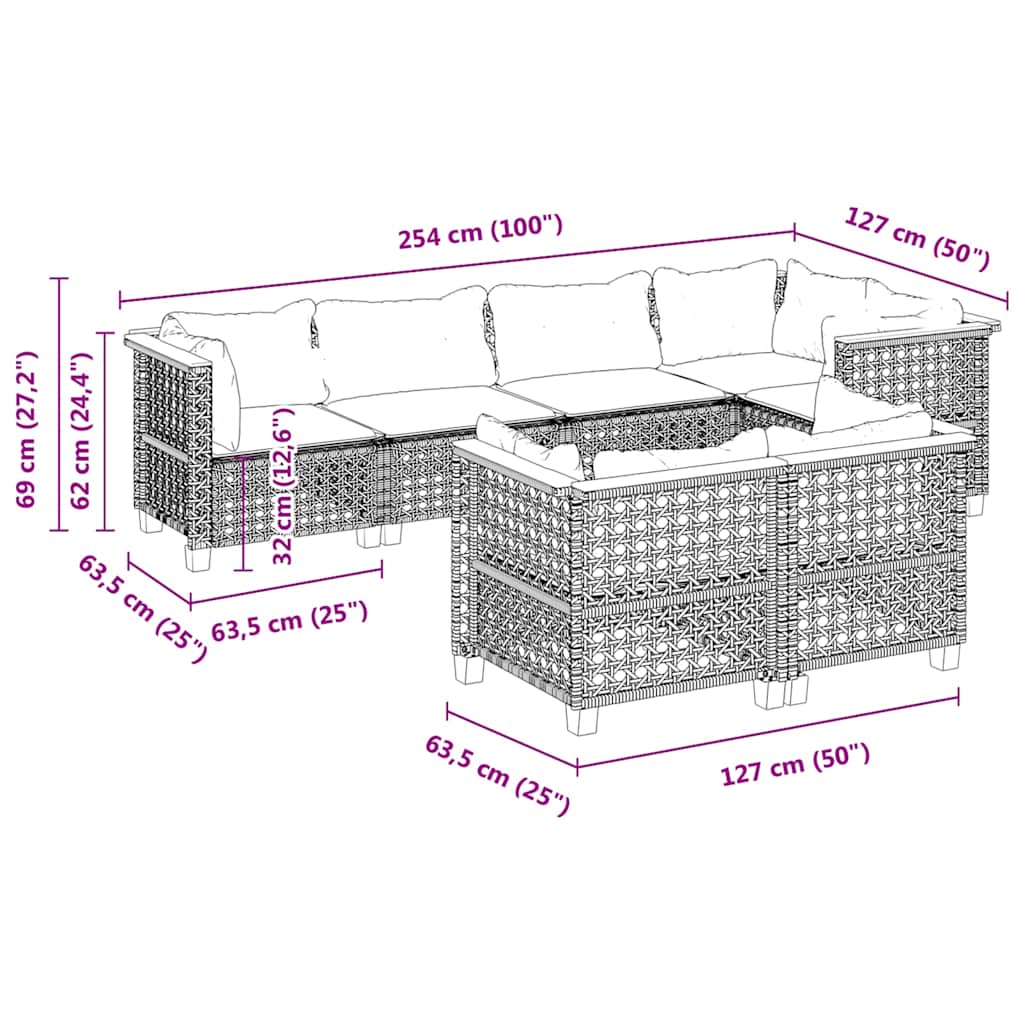 7-dijelni set vrtnih sofa od poliratana s jastucima crni Crna 63.5 x 63.5 x 62 cm