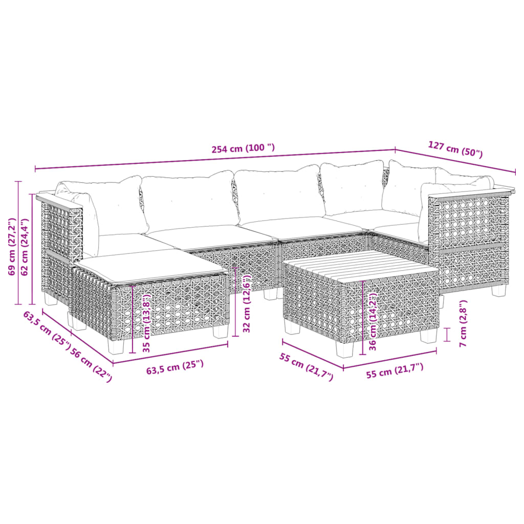 7-dijelni set vrtnih sofa od poliratana s jastucima crni Crna 55 x 55 x 36 cm