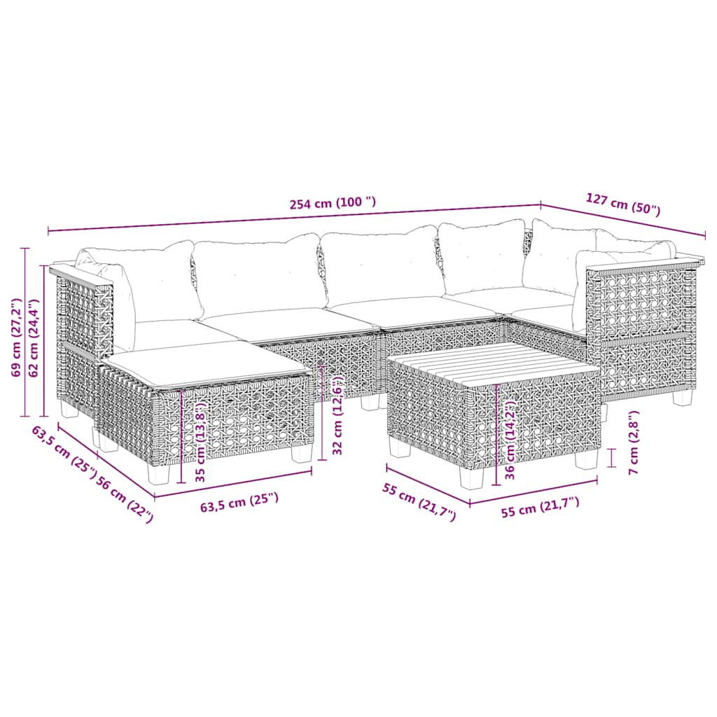 7-dijelni set vrtnih sofa od poliratana s jastucima bež 55 x 55 x 36 cm
