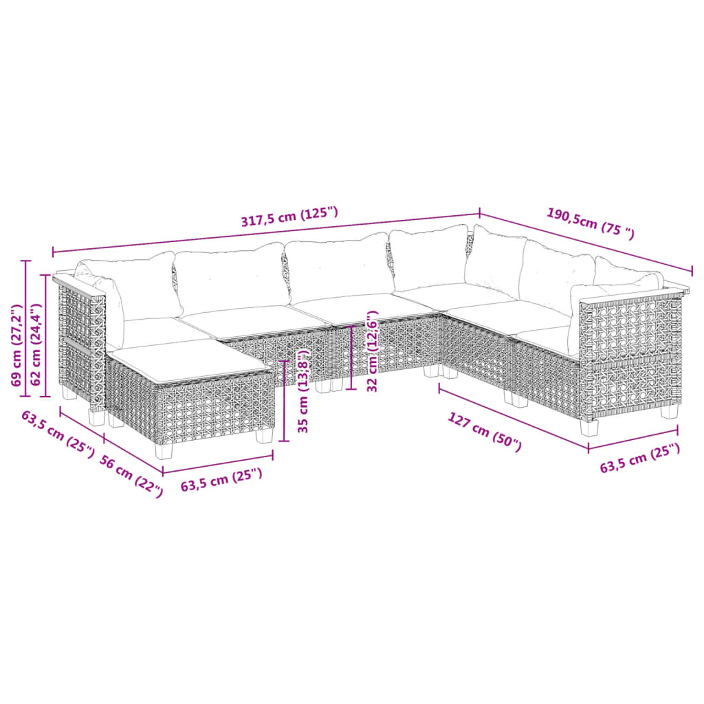 7-dijelni set vrtnih sofa od poliratana s jastucima crni Crna 63.5 x 63.5 x 62 cm