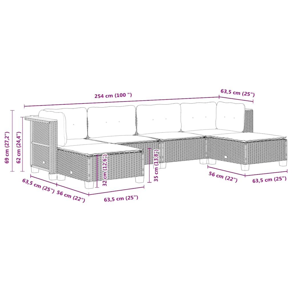 6-dijelni set vrtnih sofa s jastucima crni od poliratana Crna 63.5 x 56 x 32 cm