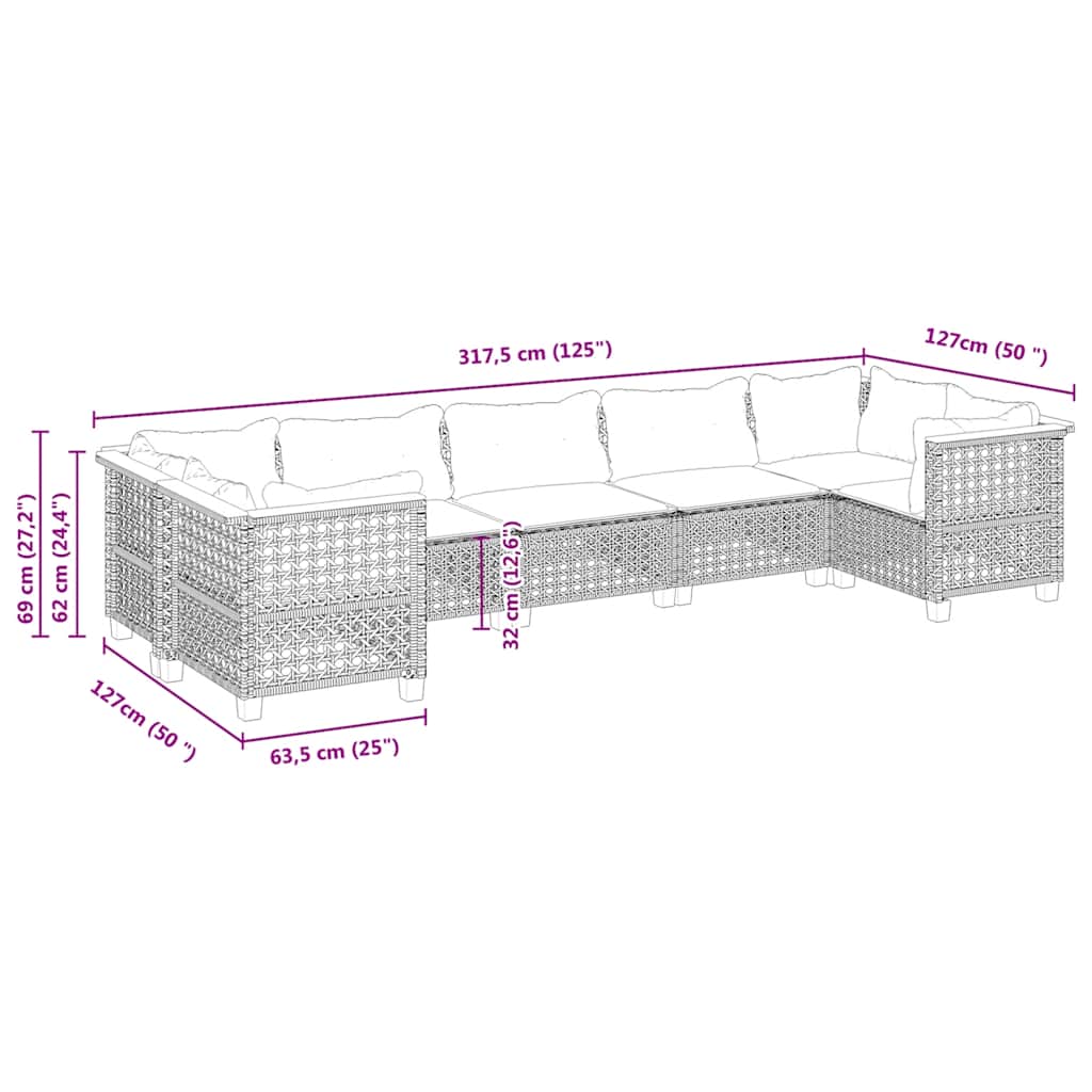 7-dijelni set vrtnih sofa od poliratana s jastucima bež 63.5 x 63.5 x 62 cm