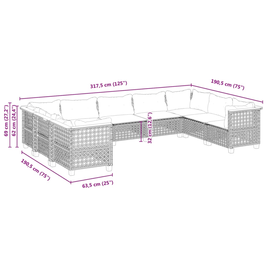 9-dijelni set vrtnih sofa s jastucima crni od poliratana Crna 63.5 x 63.5 x 62 cm
