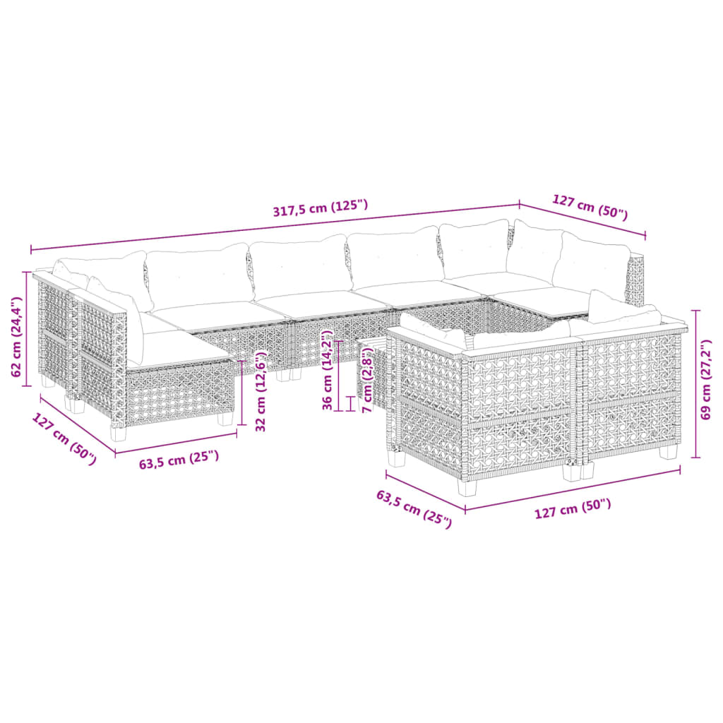 10-dijelni set vrtnih sofa s jastucima crni od poliratana Crna 55 x 55 x 36 cm