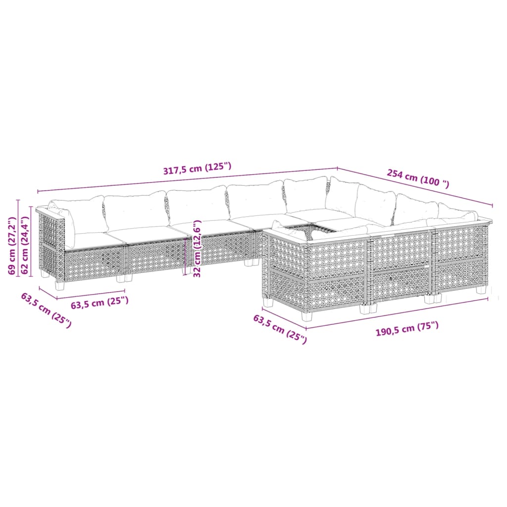 10-dijelni set vrtnih sofa s jastucima crni od poliratana Crna 63.5 x 63.5 x 62 cm