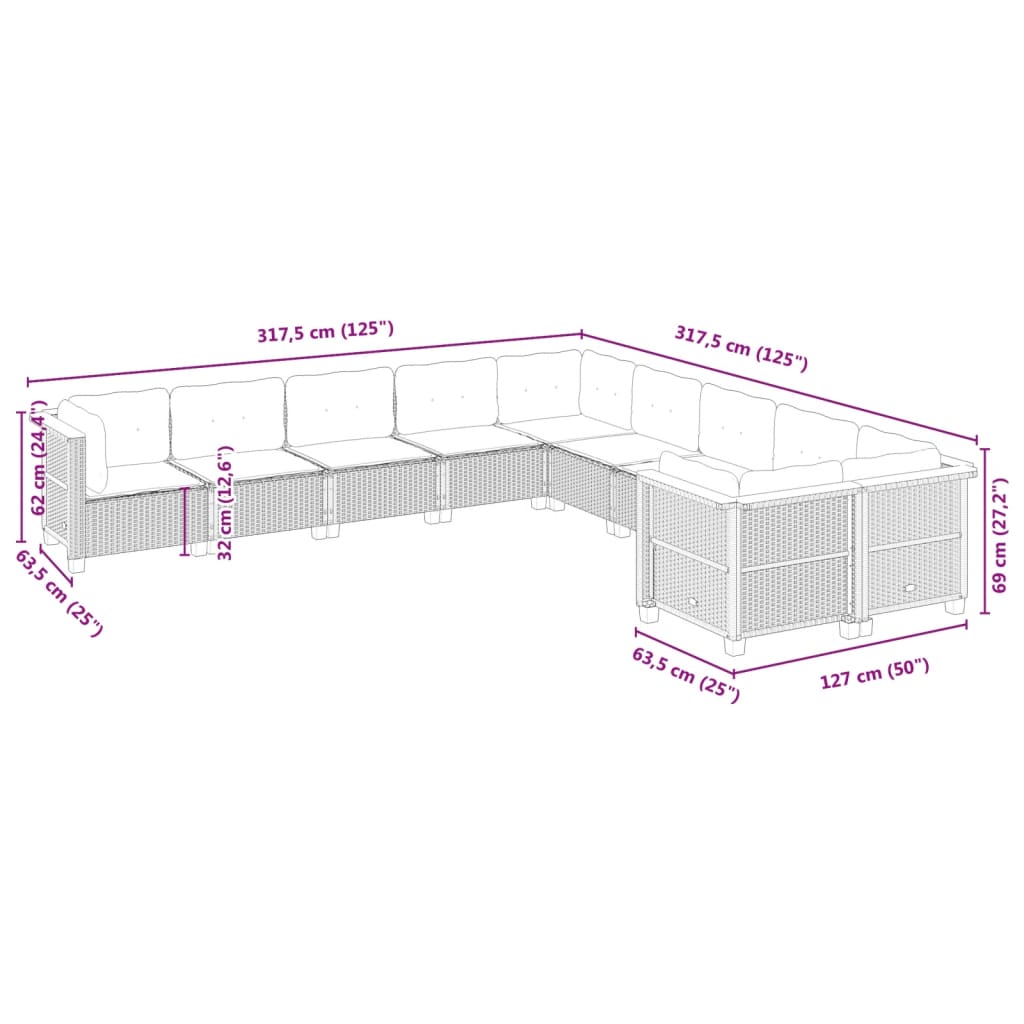10-dijelni set vrtnih sofa s jastucima crni od poliratana Crna 63.5 x 63.5 x 62 cm