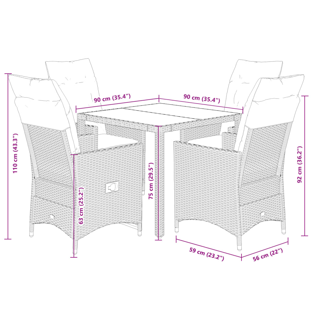 5-dijelni vrtni blagovaonski set s jastucima od poliratana crni Crna 90 x 90 x 75 cm