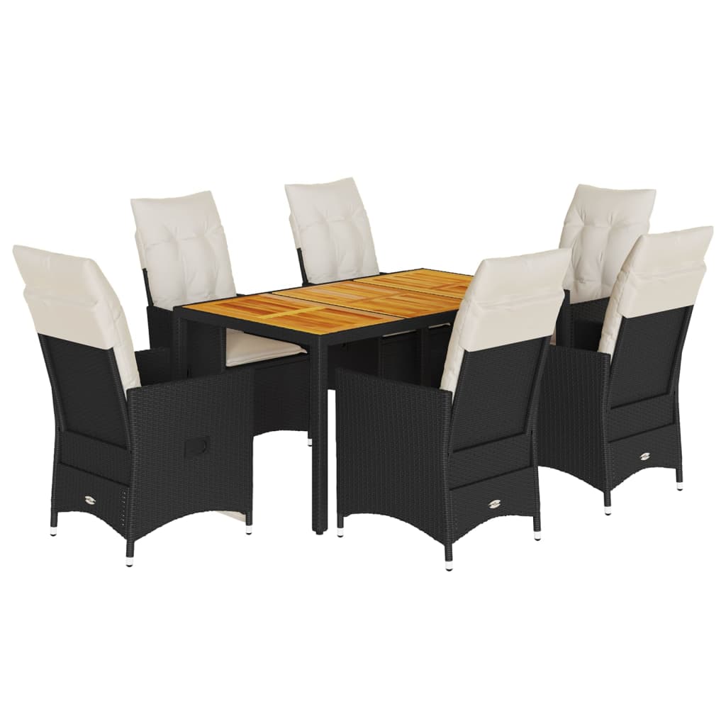 7-dijelni vrtni blagovaonski set s jastucima crni od poliratana Crna 150 x 90 x 75 cm