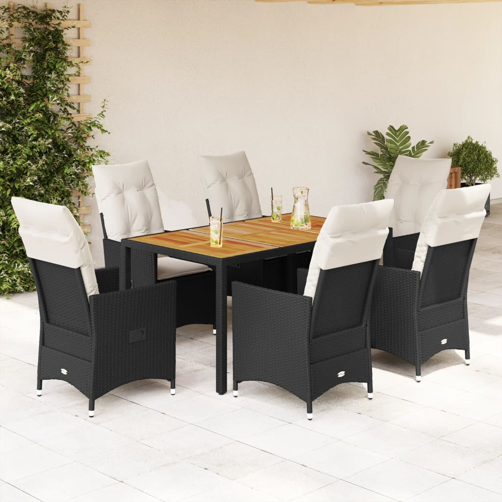 7-dijelni vrtni blagovaonski set s jastucima crni od poliratana Crna 150 x 90 x 75 cm