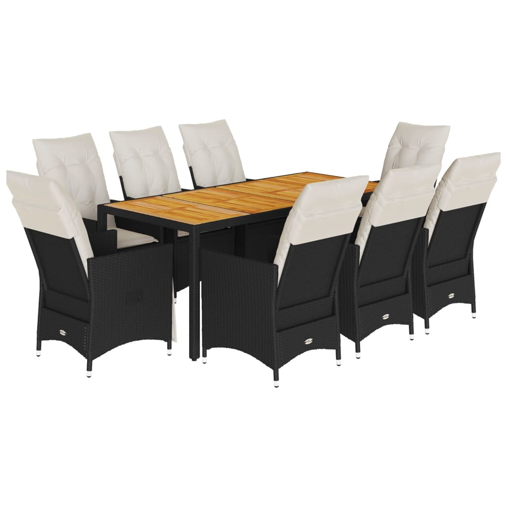 9-dijelni vrtni blagovaonski set s jastucima crni od poliratana Crna 190 x 90 x 75 cm
