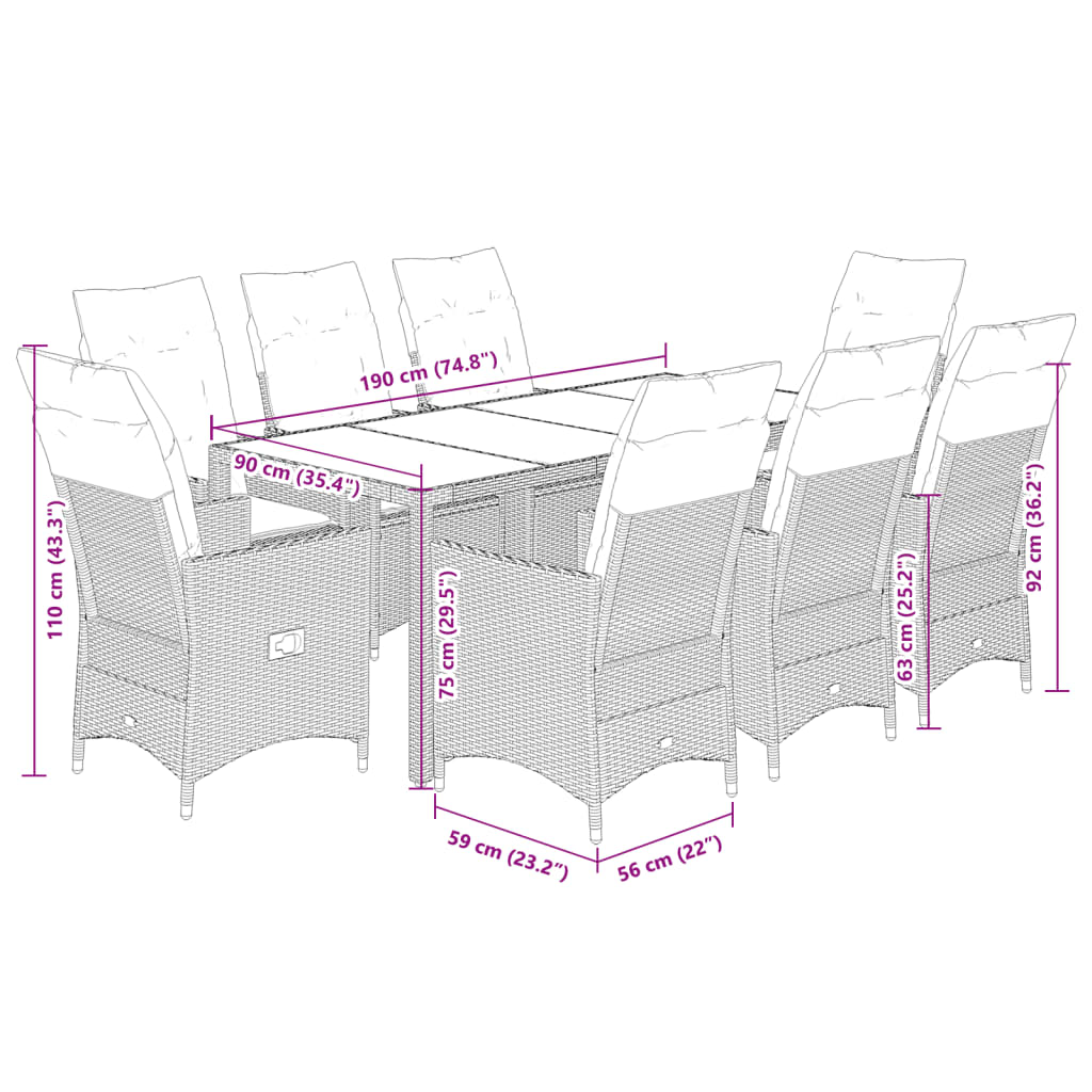 9-dijelni vrtni blagovaonski set s jastucima crni od poliratana Crna 190 x 90 x 75 cm
