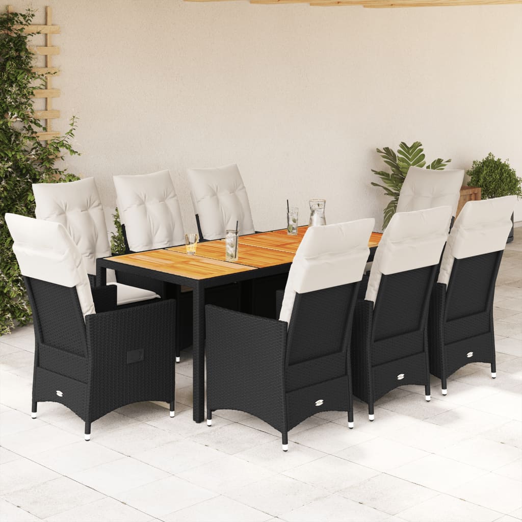 9-dijelni vrtni blagovaonski set s jastucima crni od poliratana Crna 190 x 90 x 75 cm