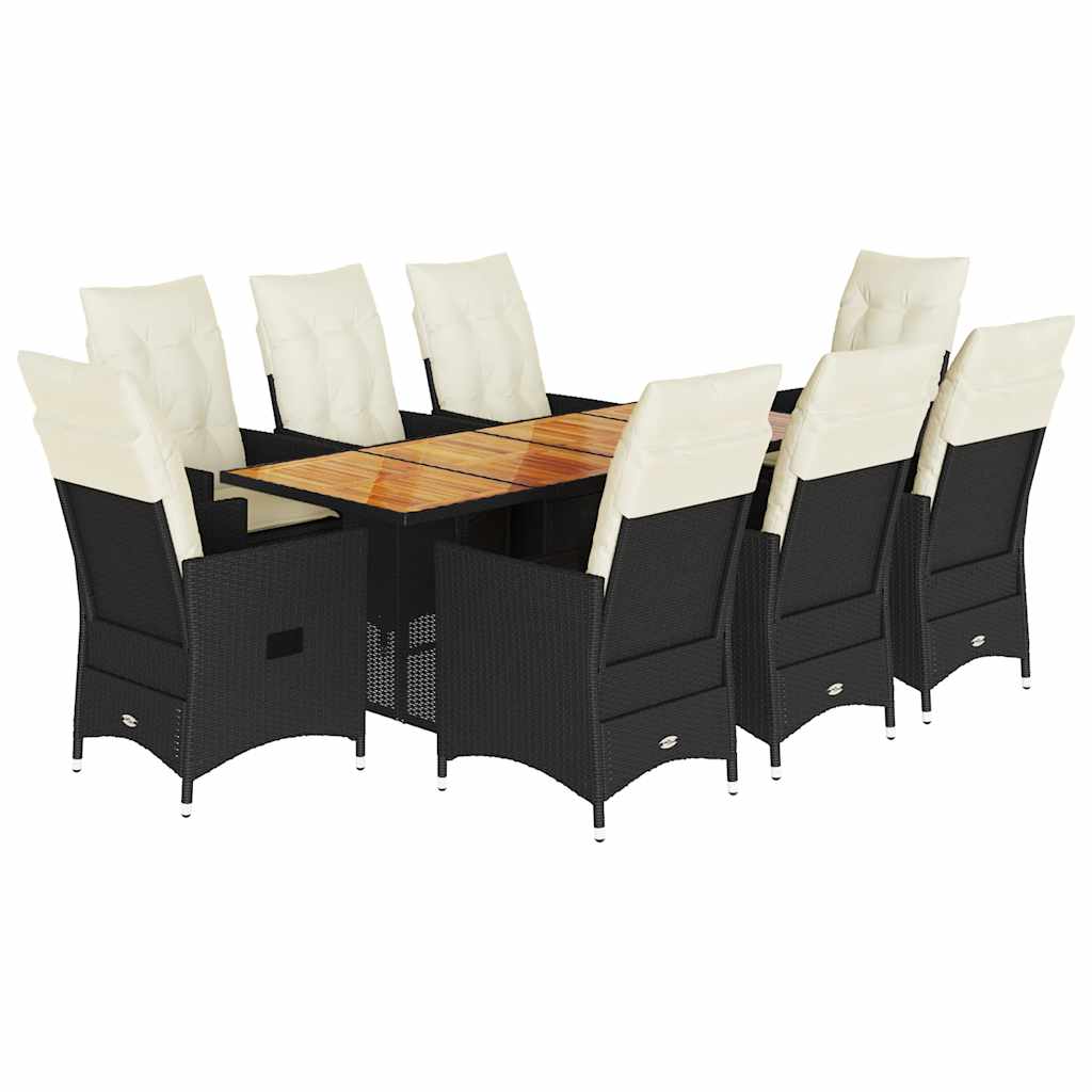 9-dijelni vrtni blagovaonski set s jastucima crni od poliratana Crna 190 x 80 x 75 cm