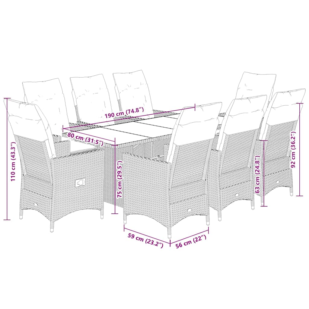 9-dijelni vrtni blagovaonski set s jastucima crni od poliratana Crna 190 x 80 x 75 cm