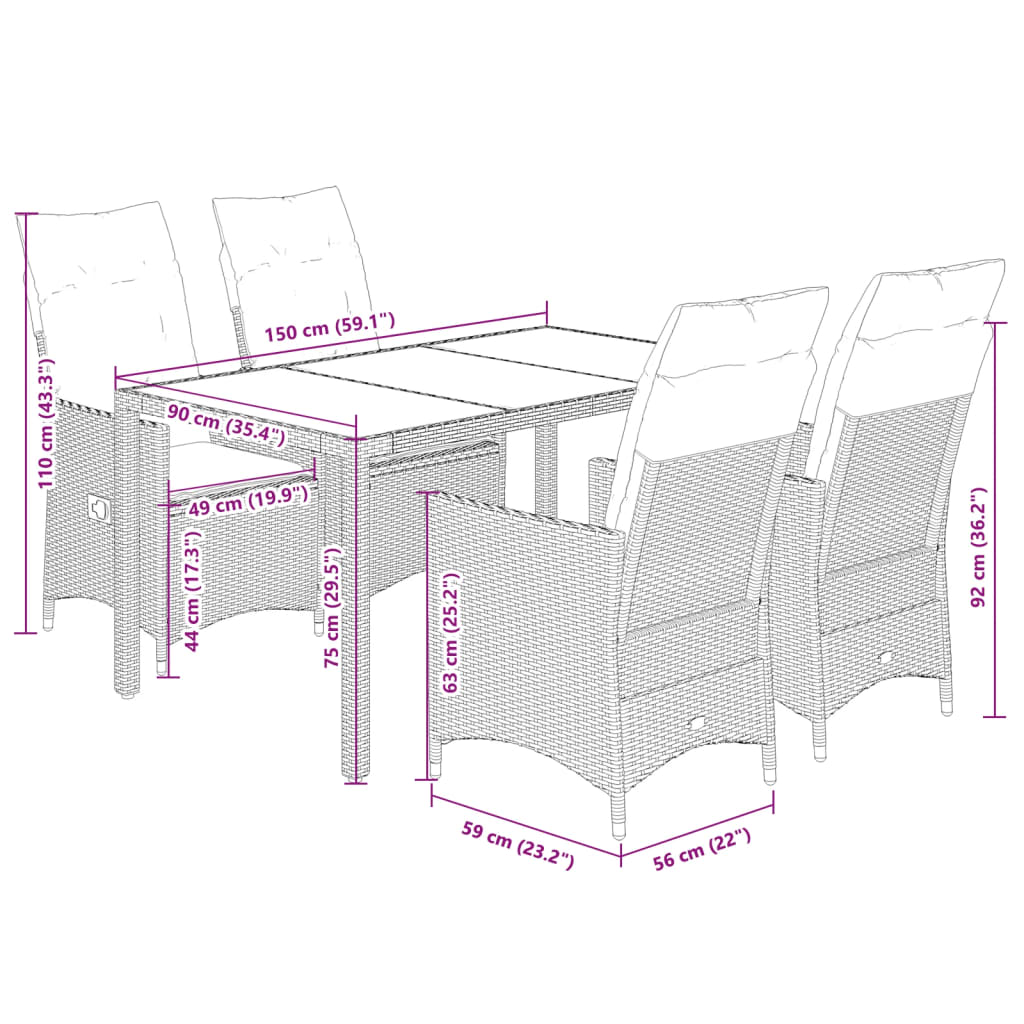 5-dijelni vrtni blagovaonski set s jastucima od poliratana crni Crna 150 x 90 x 75 cm