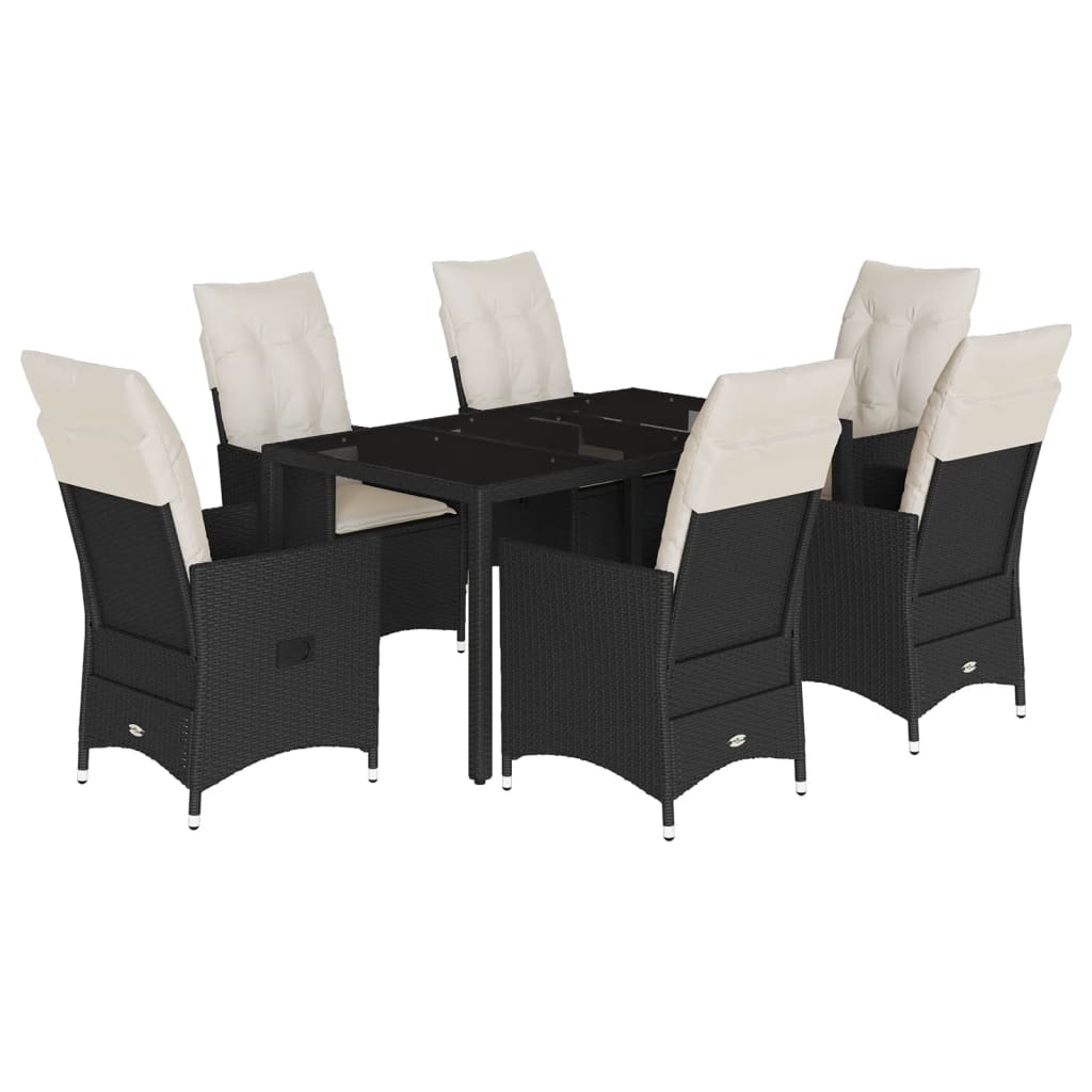 7-dijelni vrtni blagovaonski set s jastucima crni od poliratana Crna 150 x 90 x 75 cm