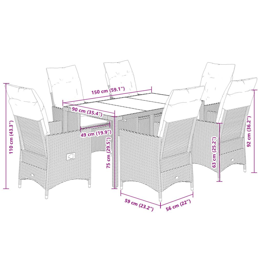 7-dijelni vrtni blagovaonski set s jastucima crni od poliratana Crna 150 x 90 x 75 cm
