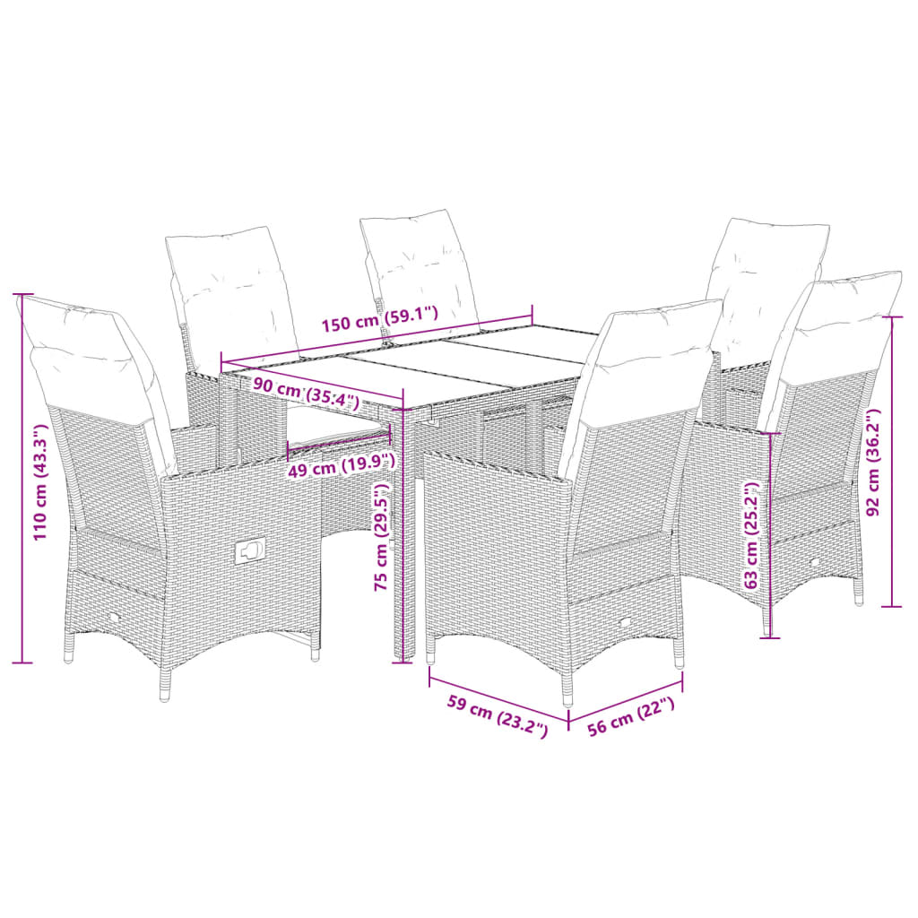 7-dijelni vrtni blagovaonski set s jastucima crni od poliratana Crna 150 x 90 x 75 cm