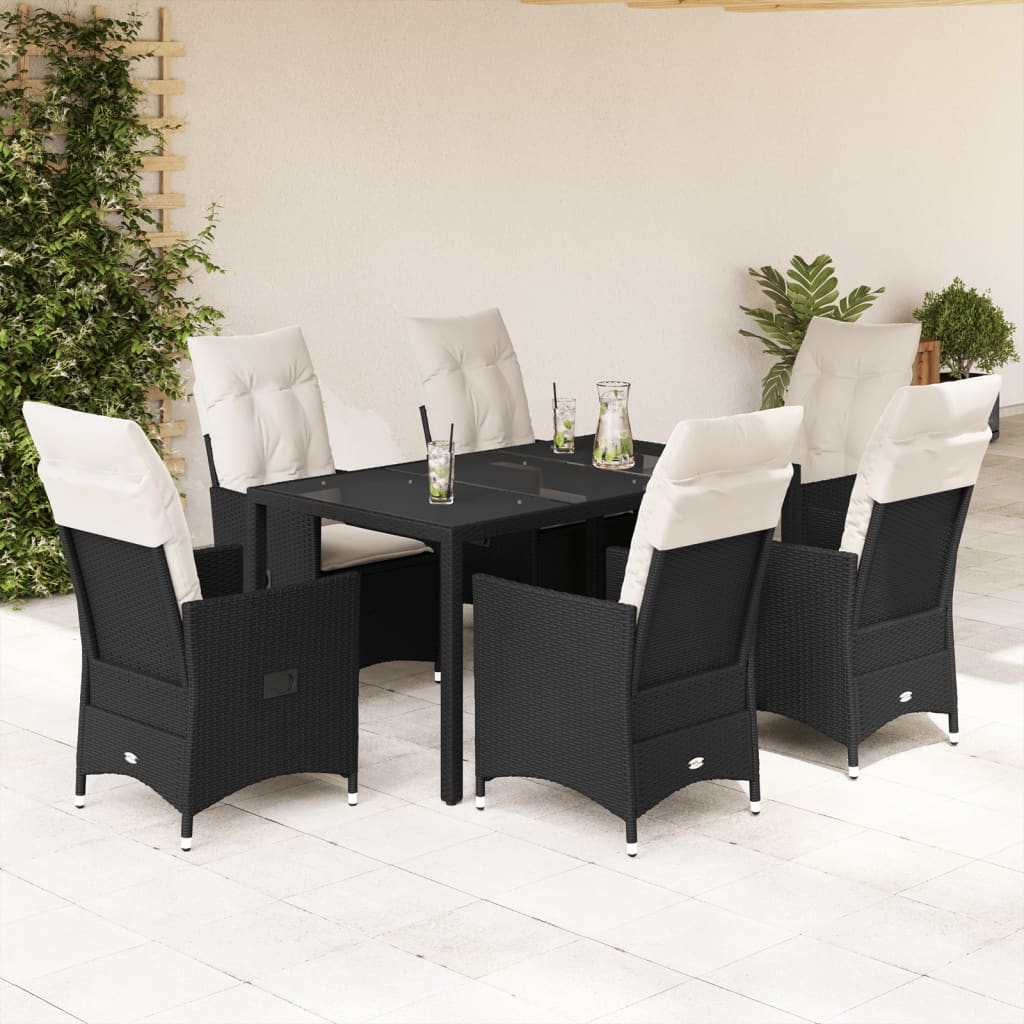 7-dijelni vrtni blagovaonski set s jastucima crni od poliratana Crna 150 x 90 x 75 cm