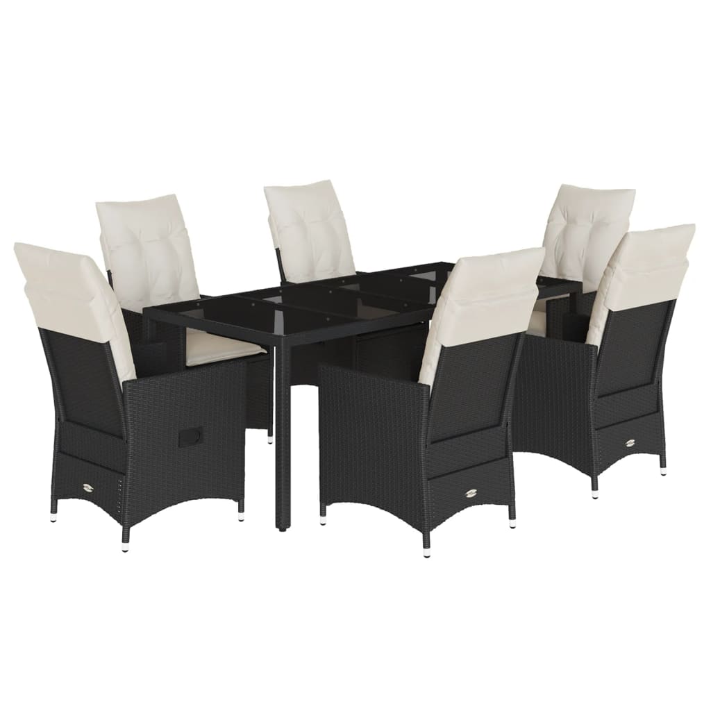 7-dijelni vrtni blagovaonski set s jastucima crni od poliratana Crna 190 x 90 x 75 cm