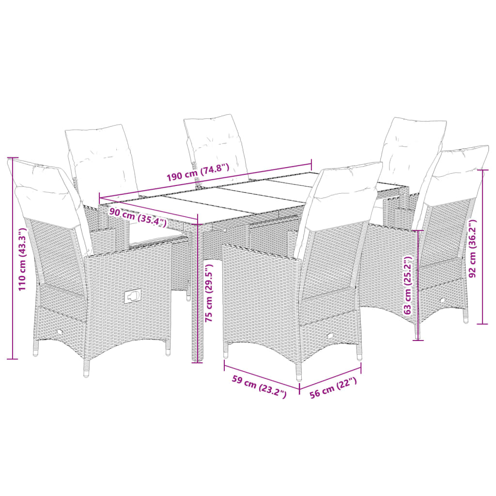7-dijelni vrtni blagovaonski set s jastucima crni od poliratana Crna 190 x 90 x 75 cm