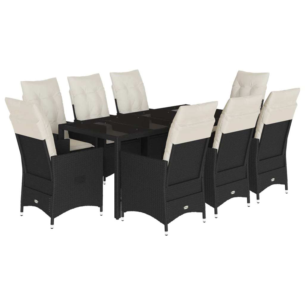 9-dijelni vrtni blagovaonski set s jastucima crni od poliratana Crna 190 x 90 x 75 cm