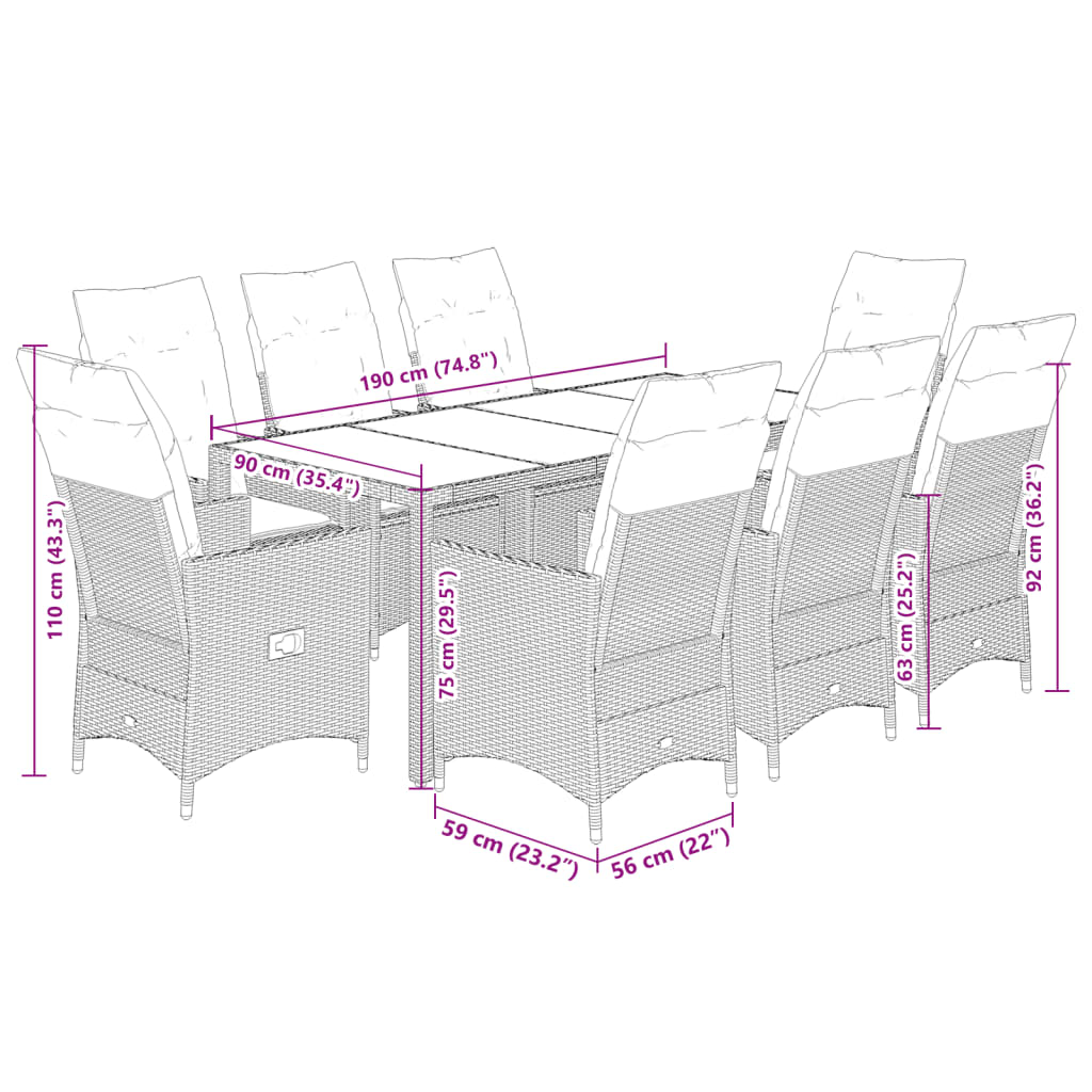 9-dijelni vrtni blagovaonski set s jastucima crni od poliratana Crna 190 x 90 x 75 cm