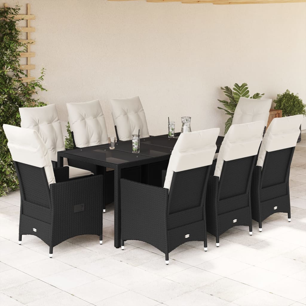 9-dijelni vrtni blagovaonski set s jastucima crni od poliratana Crna 190 x 90 x 75 cm