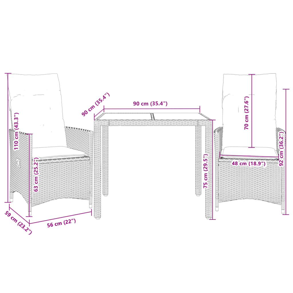 3-dijelni bistro set od poliratana s jastucima sivi
