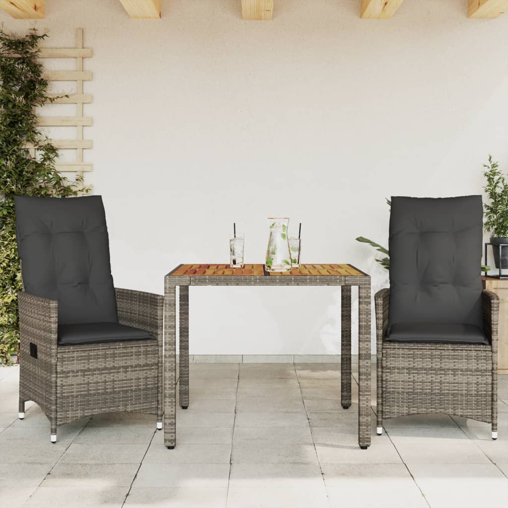 3-dijelni bistro set od poliratana s jastucima sivi