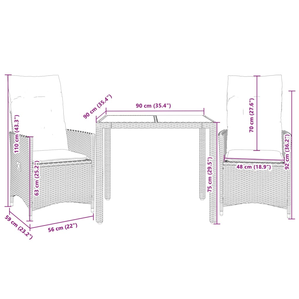 3-dijelni bistro set od poliratana s jastucima sivi