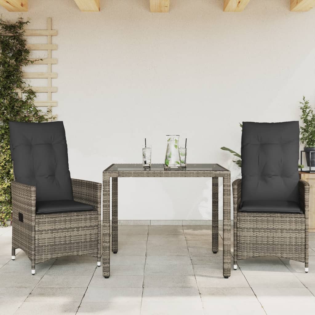 3-dijelni bistro set od poliratana s jastucima sivi