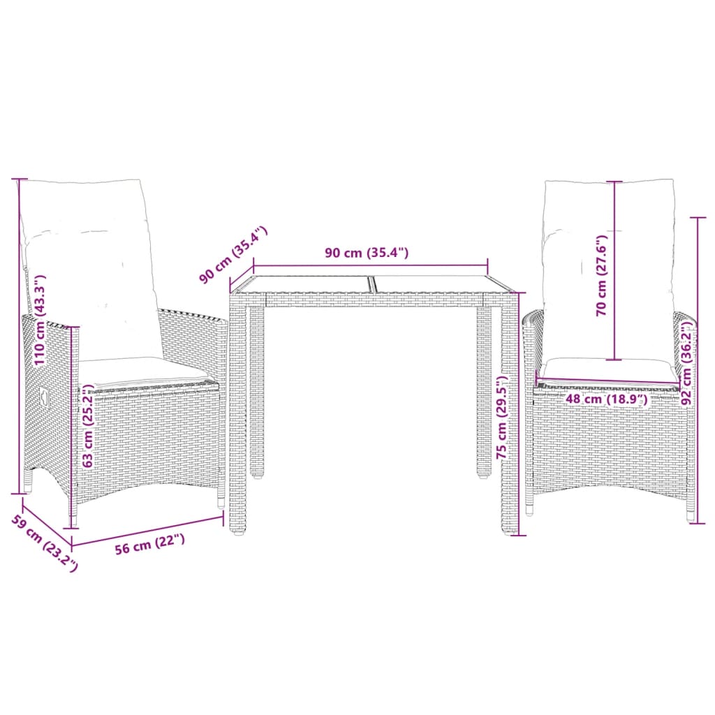3-dijelni bistro set s jastucima bež od poliratana 90 x 90 x 75 cm